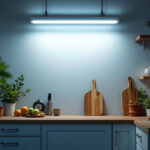 A photograph of a well-lit kitchen showcasing a stylish fluorescent light fixture in action