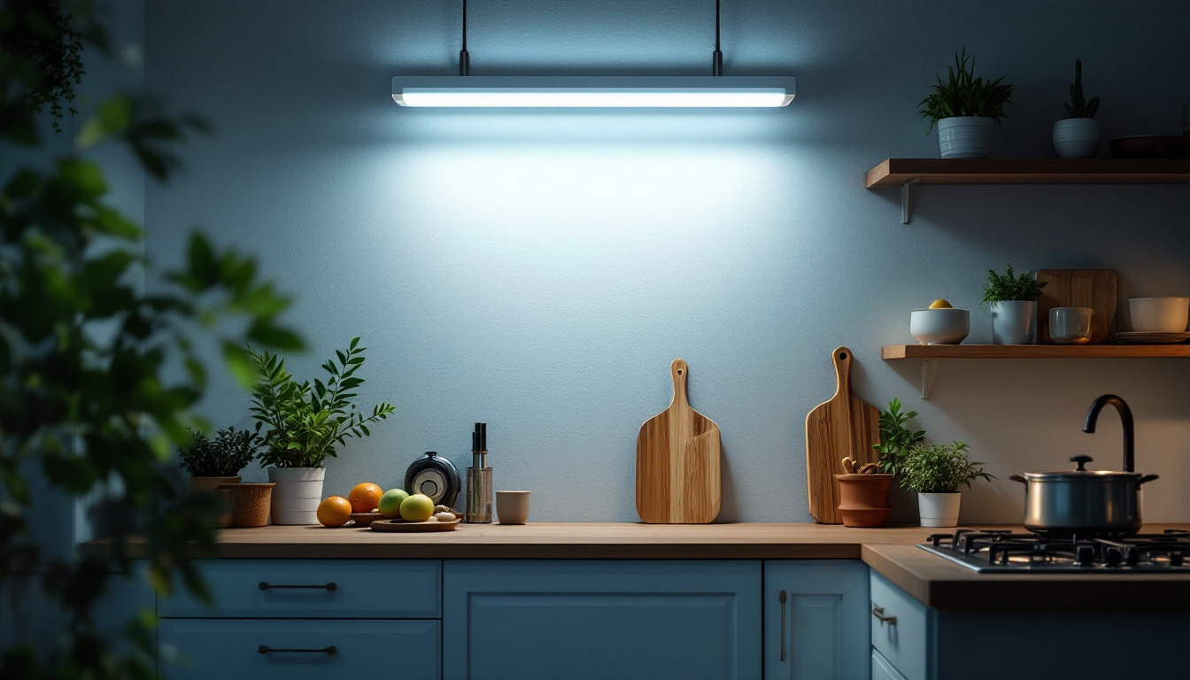 A photograph of a well-lit kitchen showcasing a stylish fluorescent light fixture in action