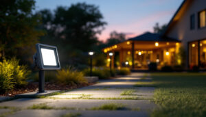 A photograph of a well-lit outdoor space featuring led flood lights in use