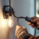 A photograph of a skilled lighting contractor installing a stylish plug with a switch in a modern home setting