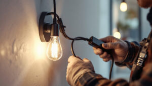 A photograph of a skilled lighting contractor installing a stylish plug with a switch in a modern home setting