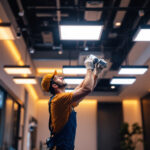 A photograph of a lighting contractor installing sleek
