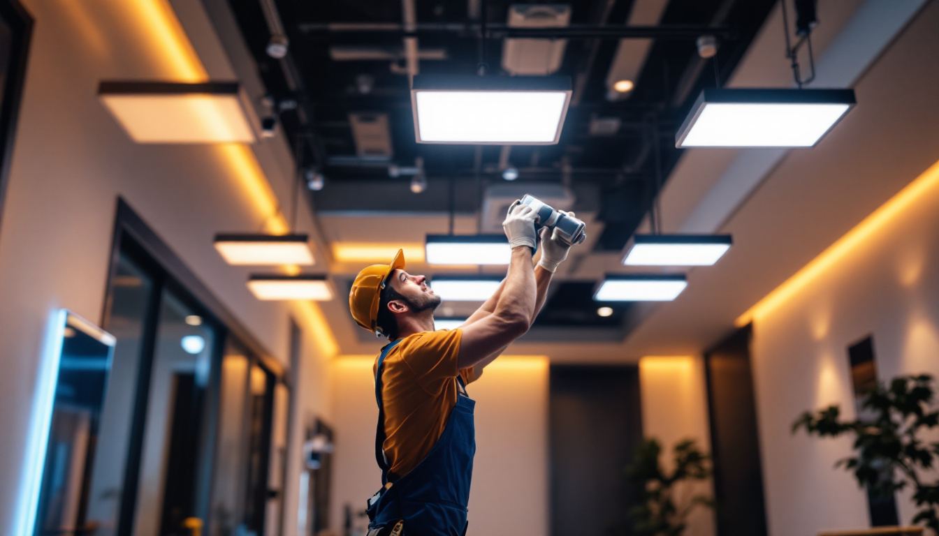 A photograph of a lighting contractor installing sleek