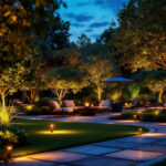 A photograph of a beautifully illuminated garden at dusk