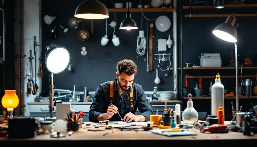 A photograph of a well-organized workspace featuring various lamp fixture parts