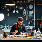 A photograph of a well-organized workspace featuring various lamp fixture parts