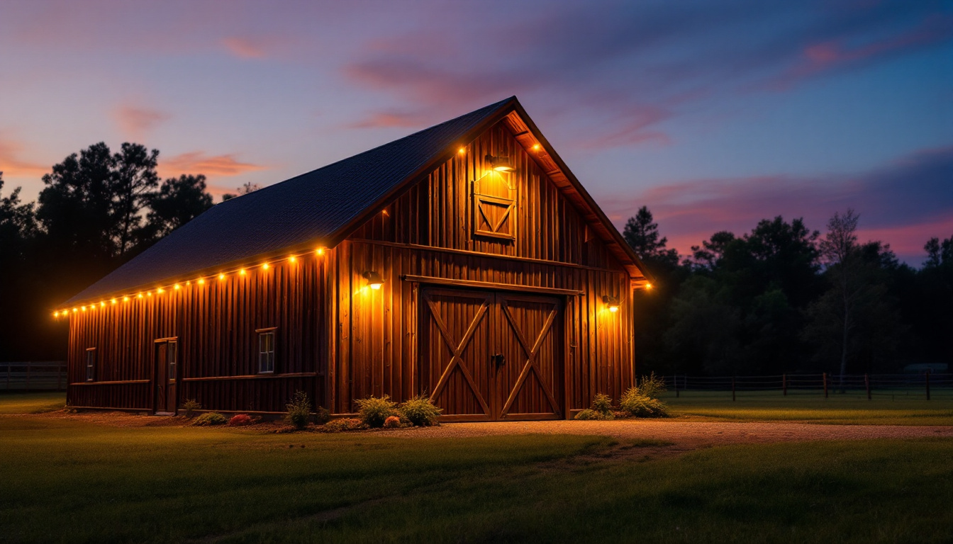 A photograph of a well-lit barn showcasing led barn lights in action