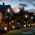 A photograph of a beautifully illuminated yard featuring stylish pole lights