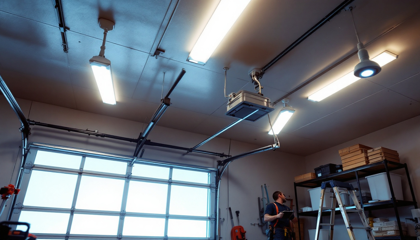 A photograph of a well-lit garage interior showcasing an efficient ceiling light installation