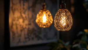 A photograph of a beautifully designed decorative light fixture in a stylish interior setting