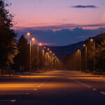 A photograph of a well-lit parking lot at dusk