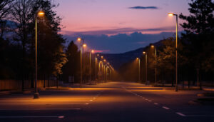 A photograph of a well-lit parking lot at dusk
