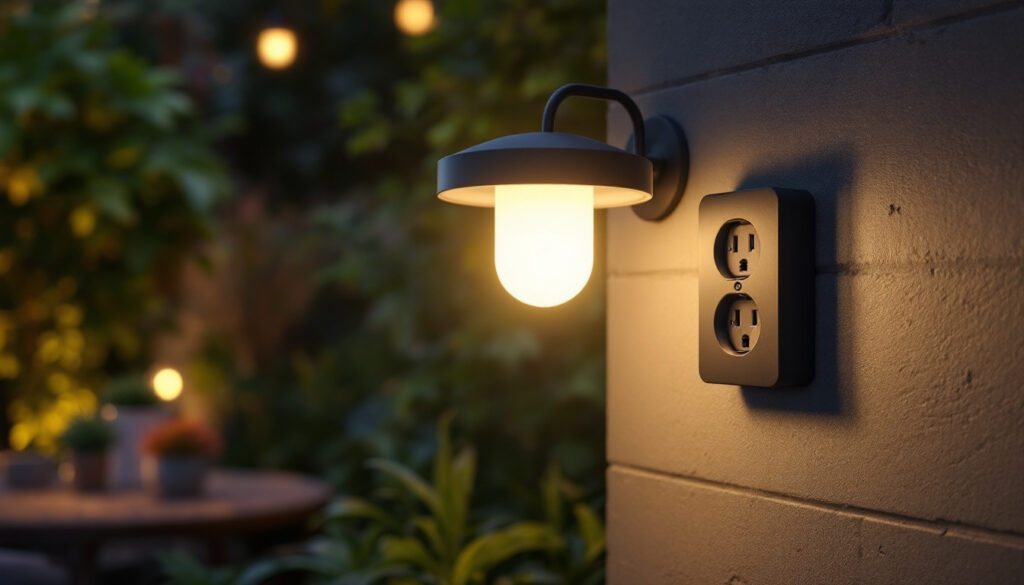 A photograph of a stylish outdoor light fixture equipped with an integrated electrical outlet