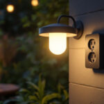 A photograph of a stylish outdoor light fixture equipped with an integrated electrical outlet
