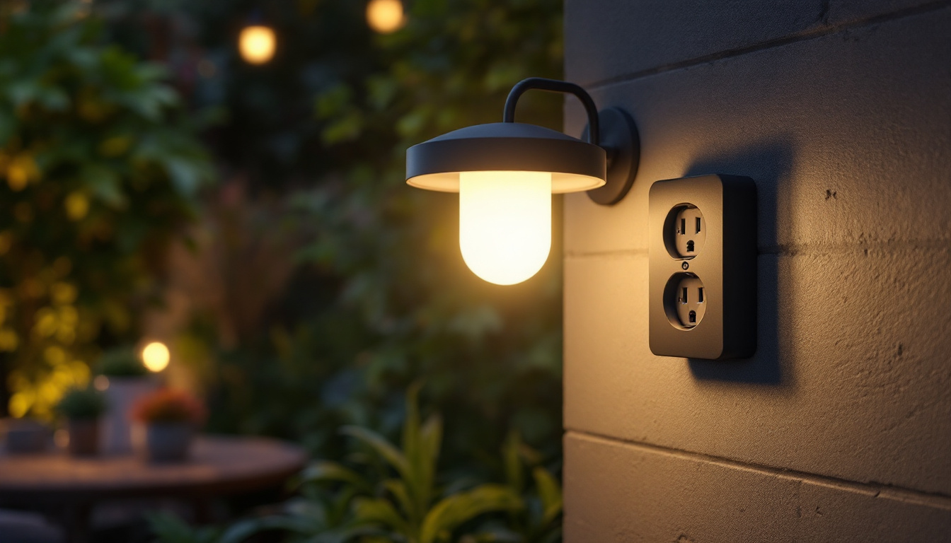 A photograph of a stylish outdoor light fixture equipped with an integrated electrical outlet