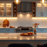 A photograph of a beautifully designed kitchen featuring elegant under-cabinet lighting that highlights the cabinetry and countertops