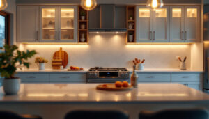 A photograph of a beautifully designed kitchen featuring elegant under-cabinet lighting that highlights the cabinetry and countertops