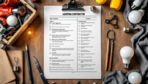 A photograph of a variety of type a light bulbs displayed alongside a lighting contractor's checklist
