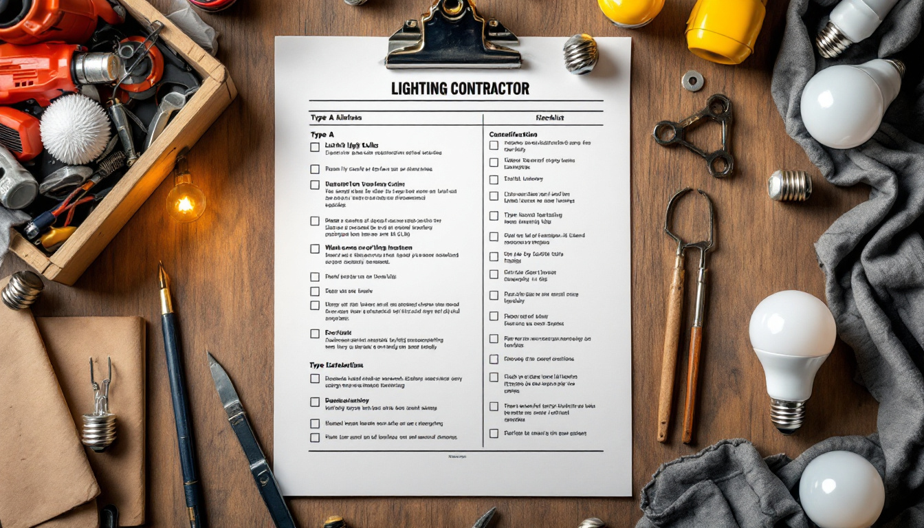 A photograph of a variety of type a light bulbs displayed alongside a lighting contractor's checklist