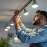A photograph of a lighting contractor expertly installing or adjusting track led lighting in a modern interior space