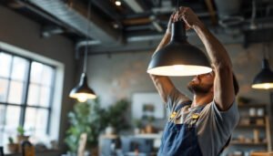A photograph of a lighting contractor expertly installing a stylish commercial light fixture in a modern workspace