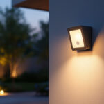 A photograph of a well-lit outdoor space at dusk featuring a stylish motion sensor light in action