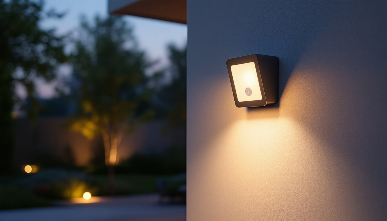 A photograph of a well-lit outdoor space at dusk featuring a stylish motion sensor light in action
