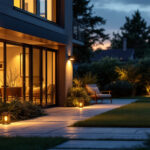 A photograph of a well-lit outdoor space showcasing various motion sensor lights in action