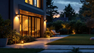 A photograph of a well-lit outdoor space showcasing various motion sensor lights in action