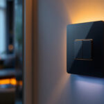 A photograph of a stylish dimmable switch installed in a modern home setting