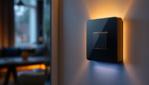 A photograph of a stylish dimmable switch installed in a modern home setting