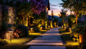 A photograph of a beautifully illuminated outdoor space featuring solar strip lights