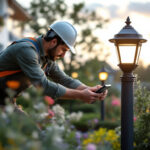 A photograph of a lighting contractor installing solar-powered led post lights in a beautifully landscaped outdoor setting