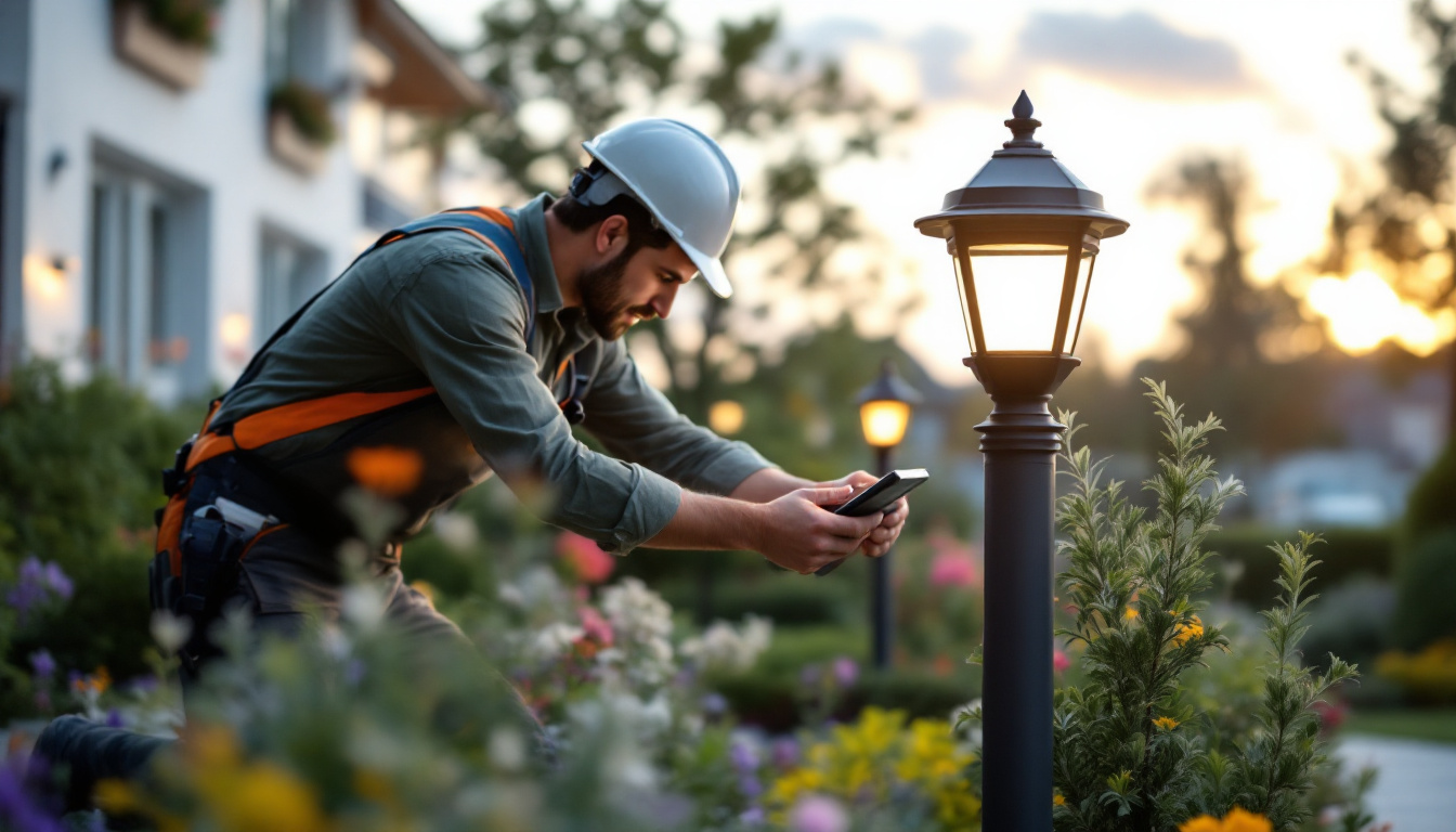 A photograph of a lighting contractor installing solar-powered led post lights in a beautifully landscaped outdoor setting