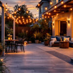 A photograph of a beautifully lit outdoor patio featuring stylish led lights in various designs