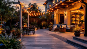 A photograph of a beautifully lit outdoor patio featuring stylish led lights in various designs