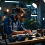 A photograph of a lighting contractor actively engaging with the latest lighting technology and tools in a well-lit workspace