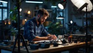 A photograph of a lighting contractor actively engaging with the latest lighting technology and tools in a well-lit workspace