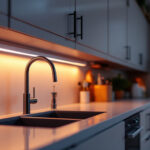 A photograph of a beautifully lit kitchen cabinet featuring led lights