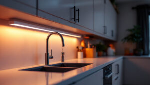 A photograph of a beautifully lit kitchen cabinet featuring led lights