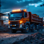 A photograph of a rugged work truck equipped with powerful led work lights illuminating a construction site at dusk