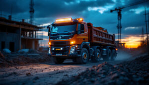 A photograph of a rugged work truck equipped with powerful led work lights illuminating a construction site at dusk