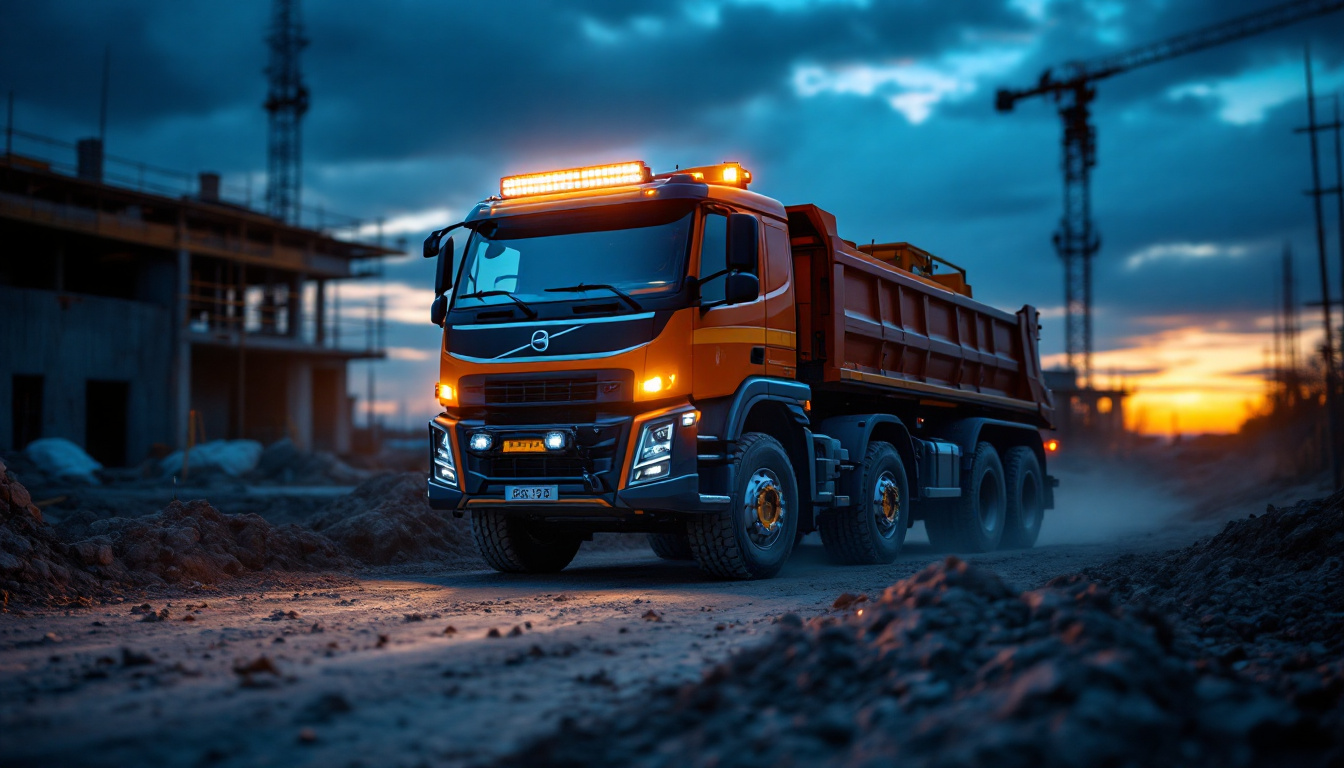 A photograph of a rugged work truck equipped with powerful led work lights illuminating a construction site at dusk