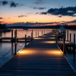 A photograph of a well-lit outdoor dock scene at dusk