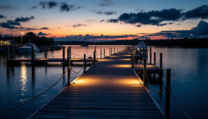A photograph of a well-lit outdoor dock scene at dusk