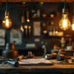A photograph of a vintage-style workbench featuring various light bulb designs and tools