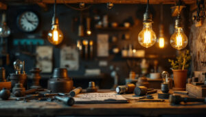 A photograph of a vintage-style workbench featuring various light bulb designs and tools