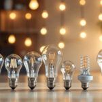A photograph of a variety of light bulb bases displayed alongside their corresponding light bulbs