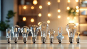 A photograph of a variety of light bulb bases displayed alongside their corresponding light bulbs