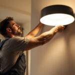 A photograph of a professional lighting contractor installing a large wall light fixture in a modern interior space